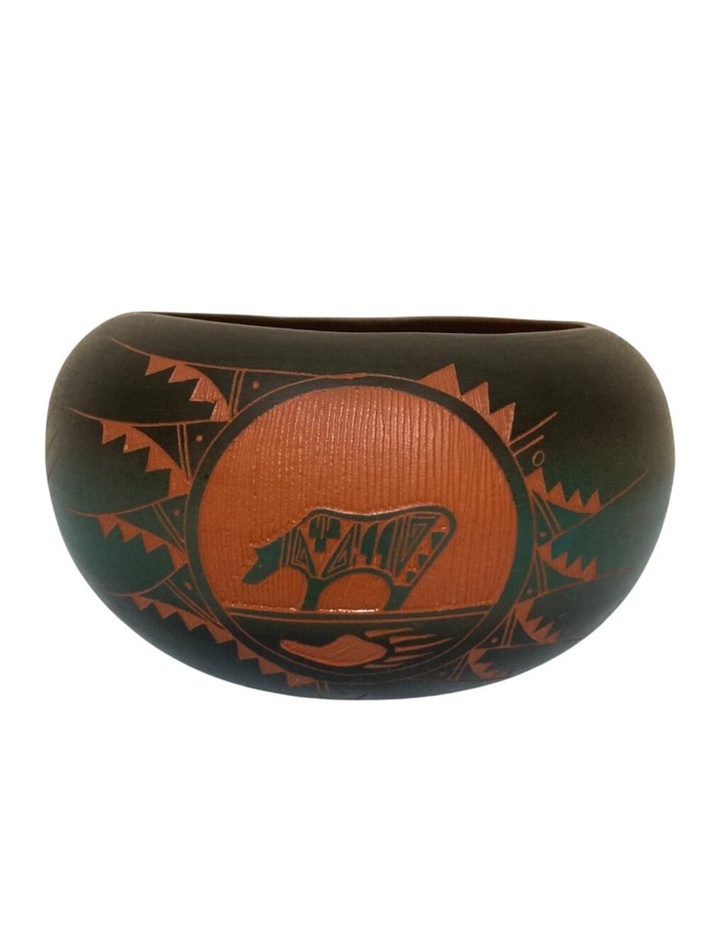 Navajo Pottery Etched Bowl With Bear Paw And Whirling Pattern By R. Singer